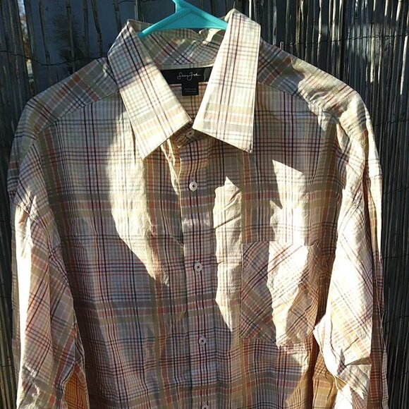 Sean John Men's Plaid Orange Yellow Gray Brown Button Down - XXL - Picture 2 of 11